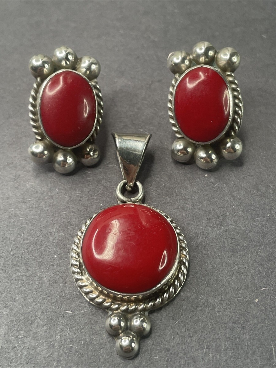 Collier En Argent Sterling 18" Avec Pierre Rouge Et Boucles D'oreilles Assorties - Occasion - Bijou Non Estampillé
