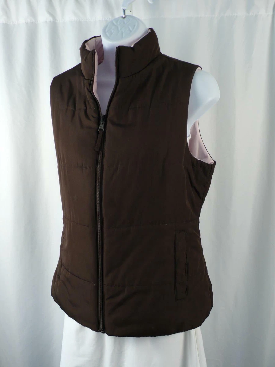 MERONA Women s Chocolate Brown Pink Reversable Zip Front Puffer Vest Sz M
