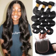 BODY WAVE 3Bundles with Lace Closure Brazilian Virgin Human Hair Weave Weft 325G