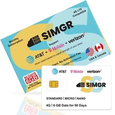 SIMGR 6GB 90 Days 4G Data Only SIM Card Supports AT&T T-Mobile Verizon