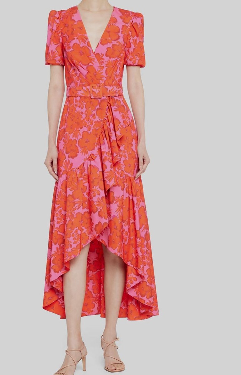 Badgley Mischka Belted Ruffle Wrap Dress with Floral Print