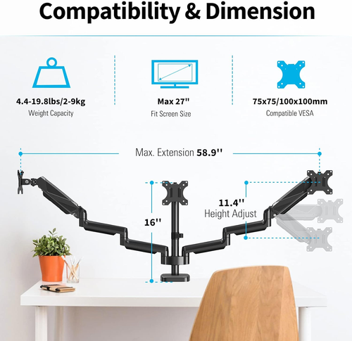 Triple Monitor Mount - Monitor Desk Mount for 3 Computer Screens up to 27 Inch, - 第 2/8 張圖片