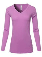 Basic Solid Soft Cotton Long Sleeve V-neck Top T-shirt