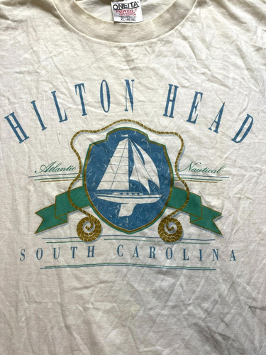 VTG Hilton Head Shirt Adult Extra Large Beige Single Stitch Sailing Boat 90s Men - Picture 2 of 9