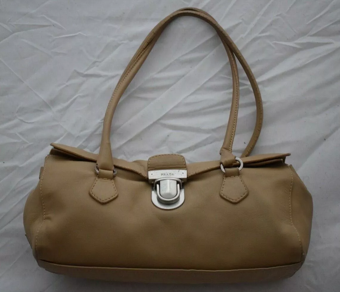 Prada Beige Leather Baguette Clip Shopper Shoulder Push Lock Handbag Womens  Bag