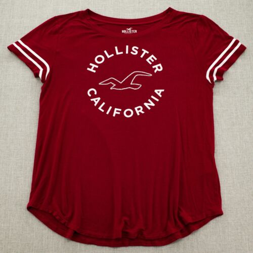 Hollister Womens Easy T-Shirt Graphic Print Short Sleeve Boat Neck Logo Red Sz M - Picture 1 of 8