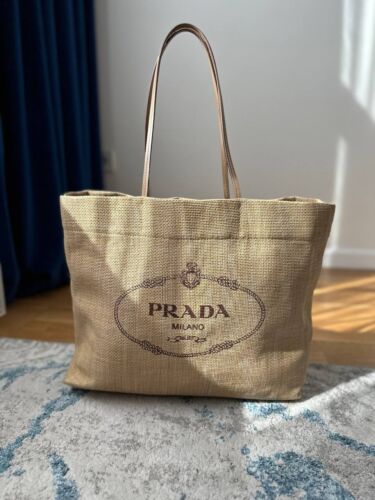 PRADA Logo Print Raffia Tote Bag Shoulder Tote Leather Natural Beige Size XL - Picture 2 of 23