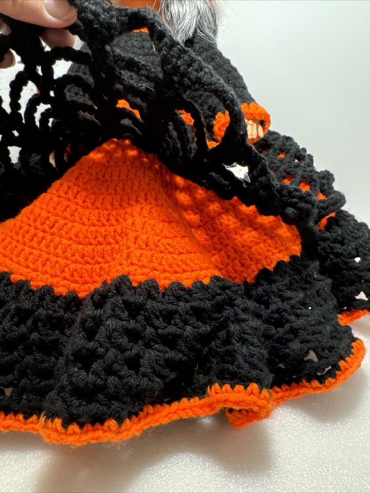 Vintage Halloween Witch Doll Crochet Black & Orange Dress 14" Tall Free