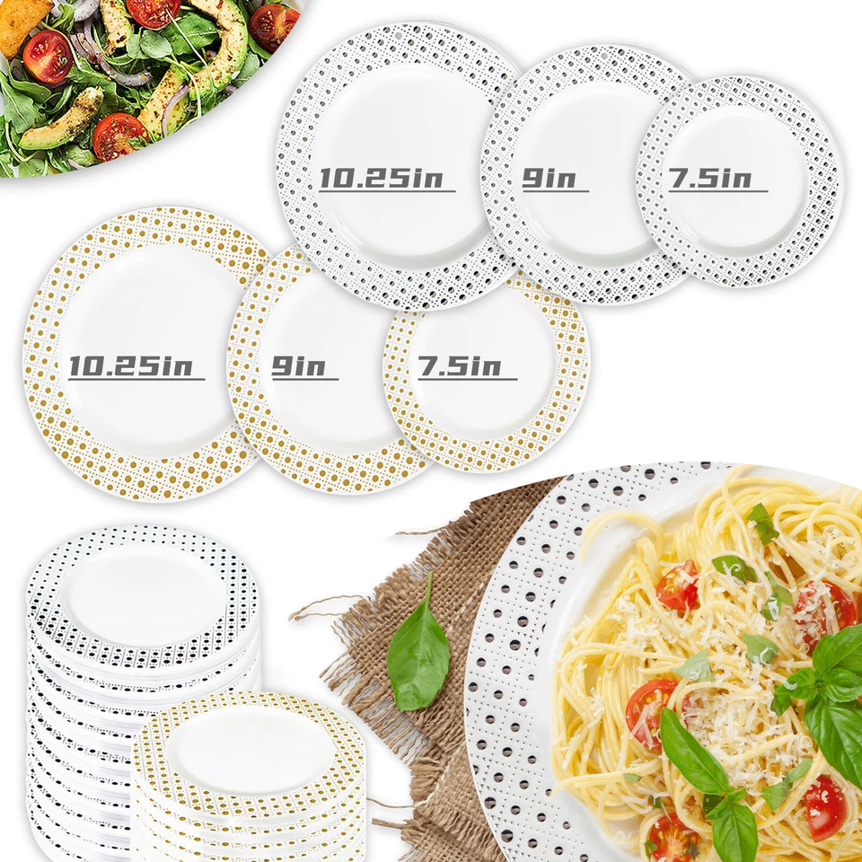 Platos de plástico desechables platos de cena de alta resistencia con borde dorado/plateado sin BPA Foto 3 de 4