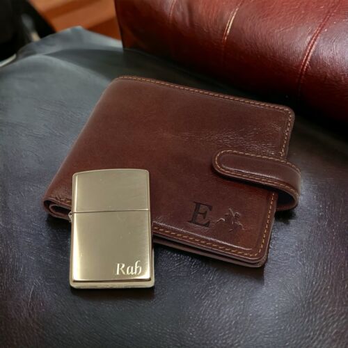 Personalised Mens Tan Leather RFID Wallet & Polished Brass Zippo Gift Set - Picture 1 of 12