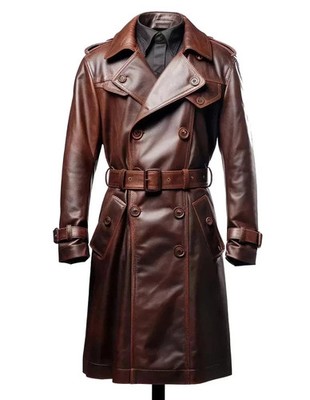 Men's Vintage Genuine Leather Brown Trench Coat - Warm, Stylish & Perfect for the
