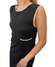 CHANEL Vintage 96C CC Mark Button Long One-piece Dress #40 Black Cream Cotton