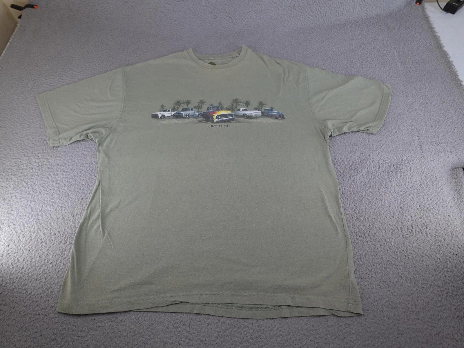 Newport Blue Shirt Mens 2XLT Green Fire It Up Trucks Graphic Tee Palm Trees