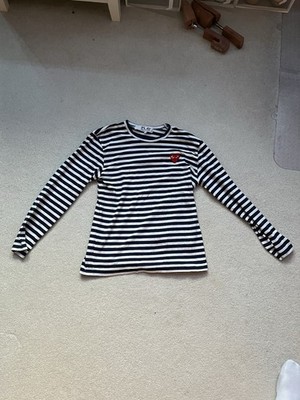 Comme des Garcons PLAY Long Sleeve Stripe T-Shirt Red Heart Navy White Size M