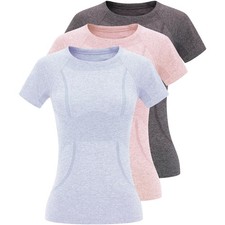 3 Pack Seamless Workout Shirts for Women - Moisture Wicking Quick-Dry Active ...
