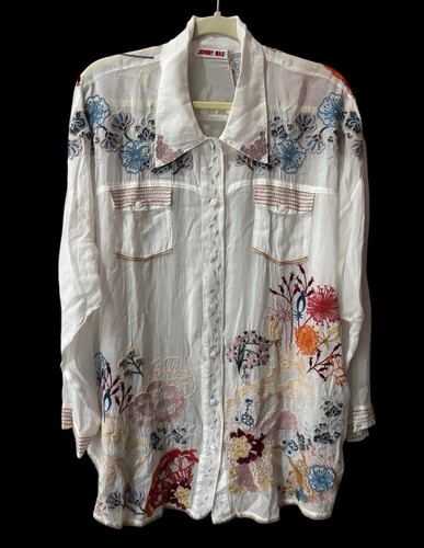 Johnny Was XL Tocayu Tunic White Oversized Shirt Embroidered Button Up Top $340