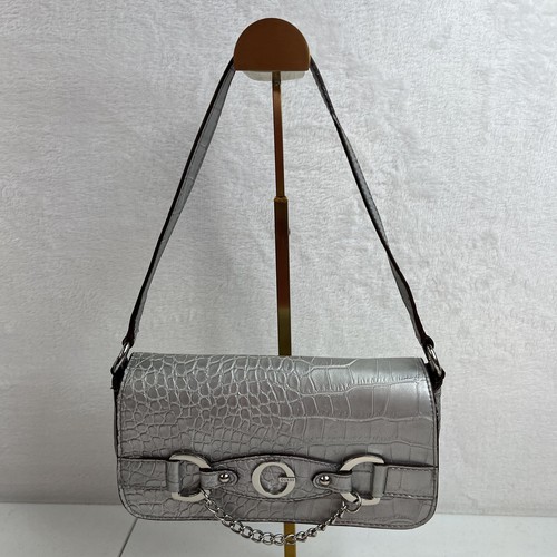Vtg Y2K Guess Mini Bag Silver Croc Embossed Chain Accent Purse Handbag Retro - Picture 2 of 17