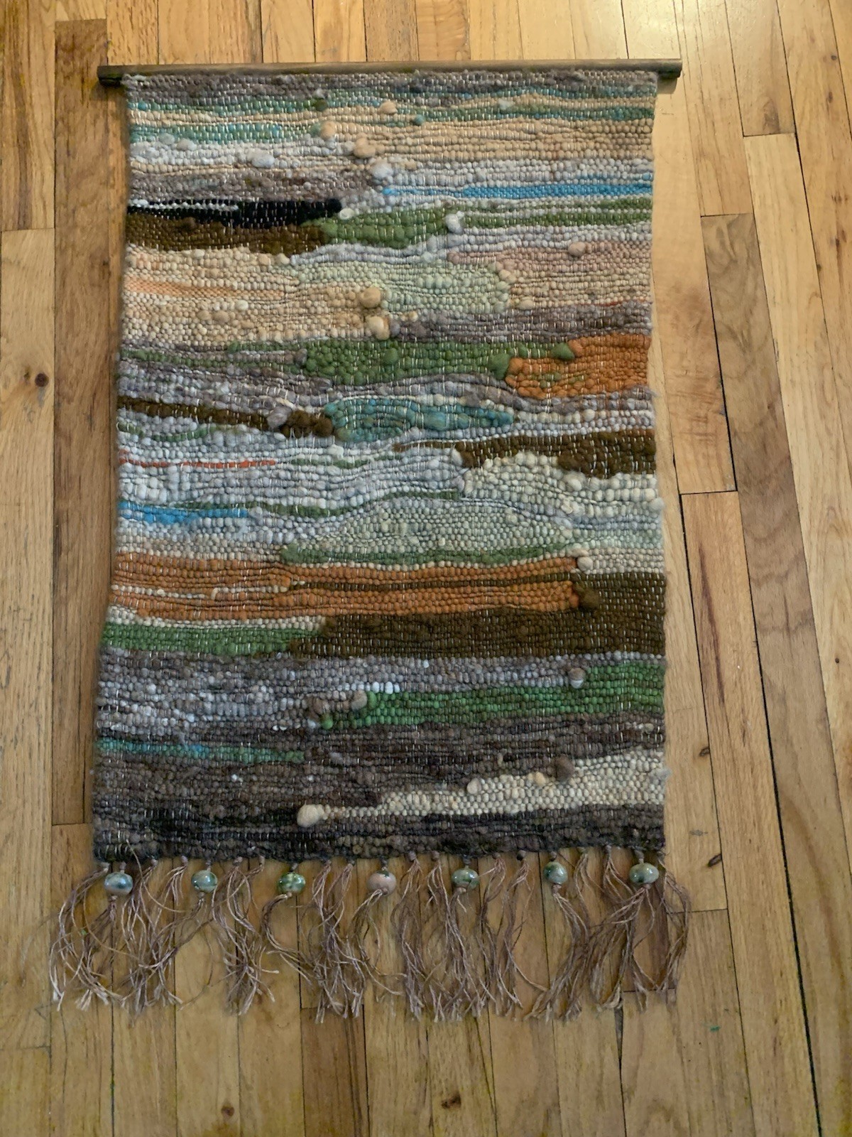 Handcrafted Boho Woven Wool Textile Wall Hanging Tapestry Large Beads & Fringe