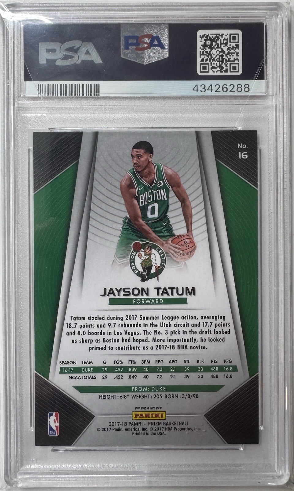 ☘️2017-18 Panini Prizm Jayson Tatum #16 SILVER PSA 10 Gem Mint Rookie Celtics☘️ view 2