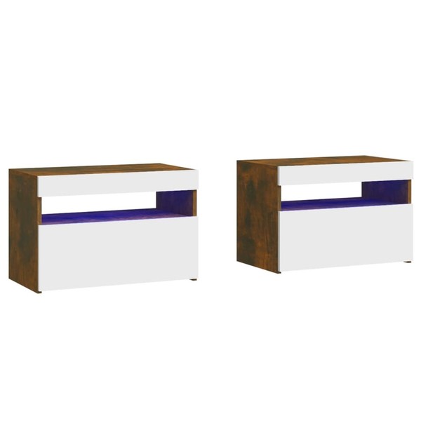 Nachttische2Er Set Mit LED Leuchten RäUchereiche 60X35X40 Cm Nachtschrank Nachtk-image