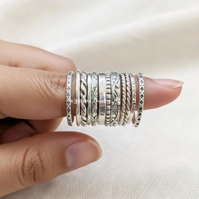 Stacking 925 Sterling Silver Ring Set,Handmade Assorted Patterns, Thin & Thick
