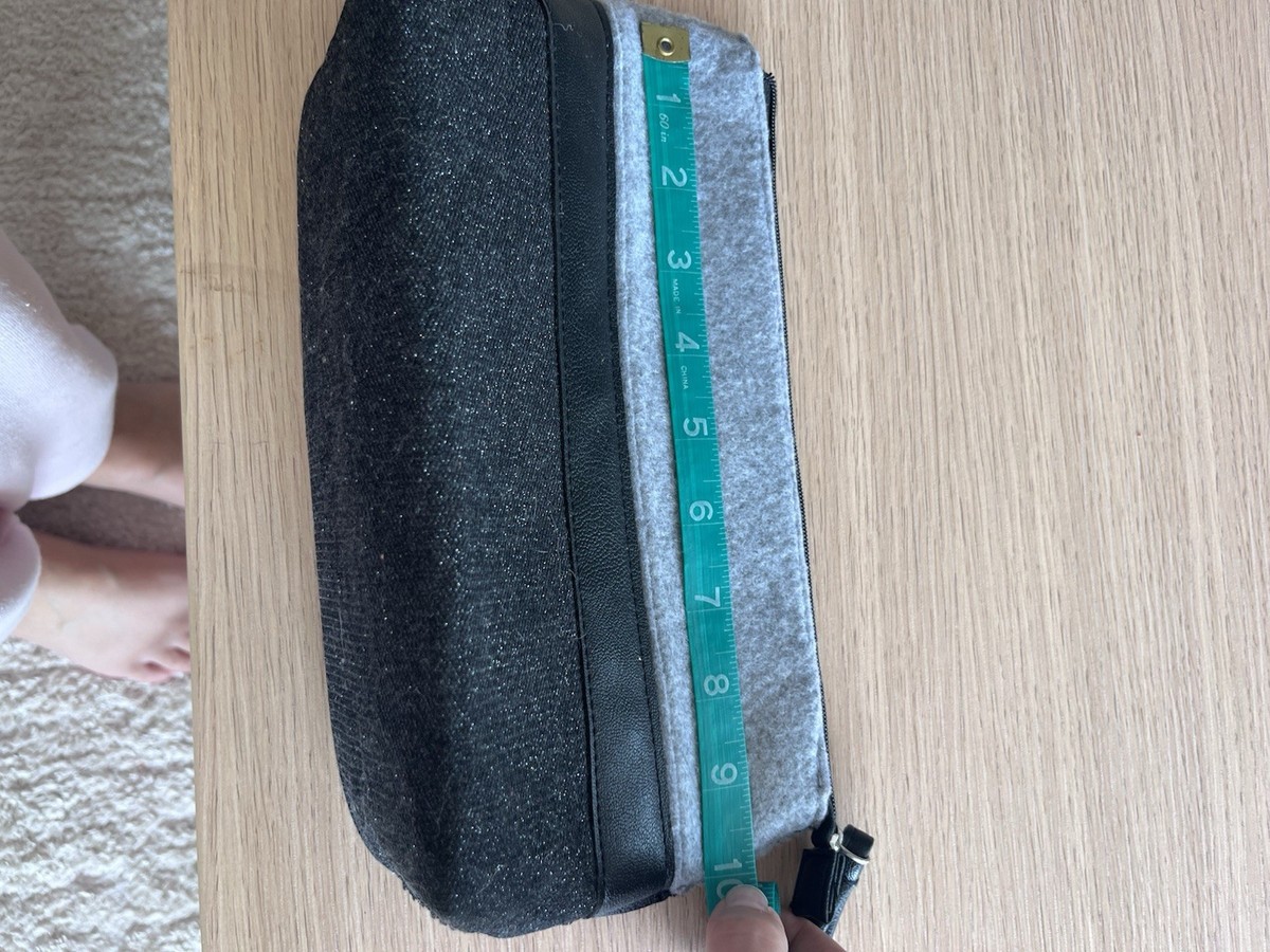 Gray Wool/Black Glitter Two-Tone Felt Makeup Bag Clutch with Wristlet View 6