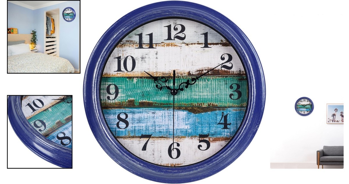 12-Inch Blue Coastal Wall Clock - Large Silent Display for