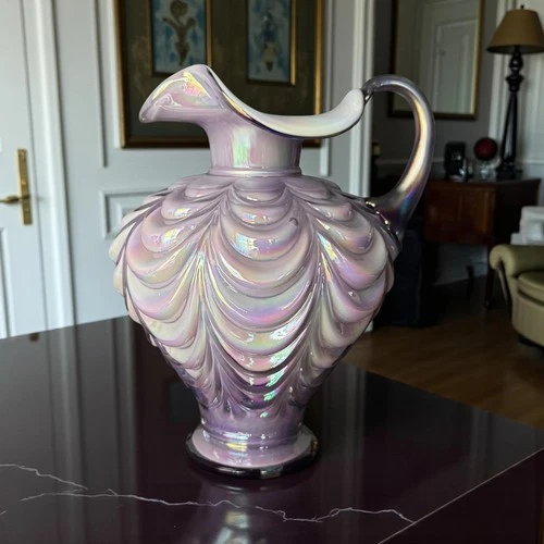 Fenton Lavender Lilac Iridescent Drapery Pitcher Vase Opalescent Art Glass Ewer
