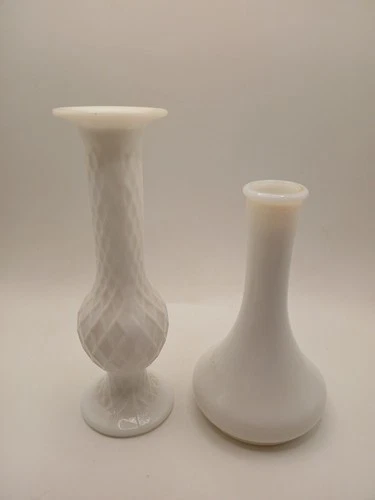 Lot Of 2 Vtg White Milk Glass Bud Vases