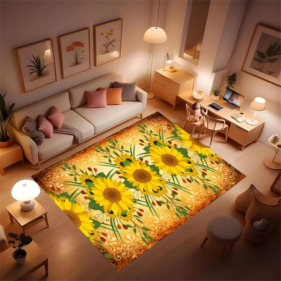 Alfombra amarilla de girasol, alfombra floral de campo de 3x5 pies, lavable antideslizante... Foto 4 de 4