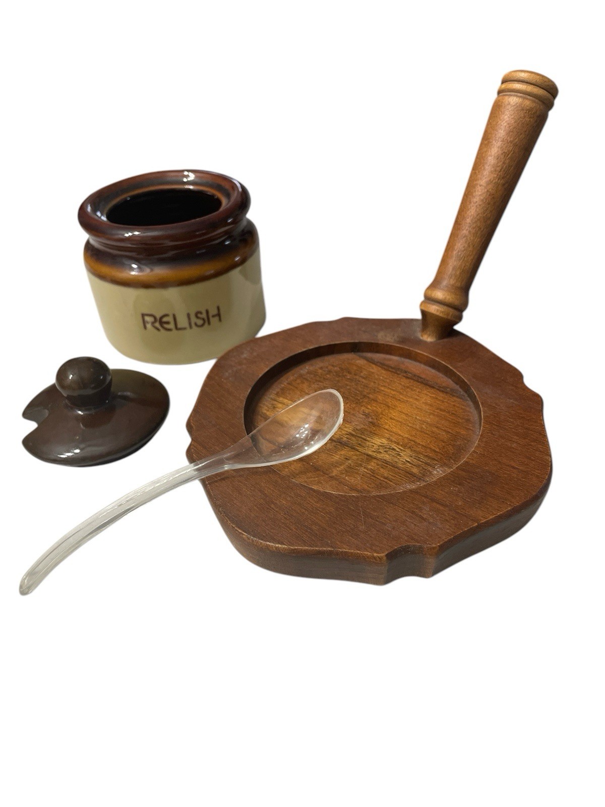 Vintage Stoneware Relish Condiment Brown Drip Crock Spoon & Wood Tray w/Handle