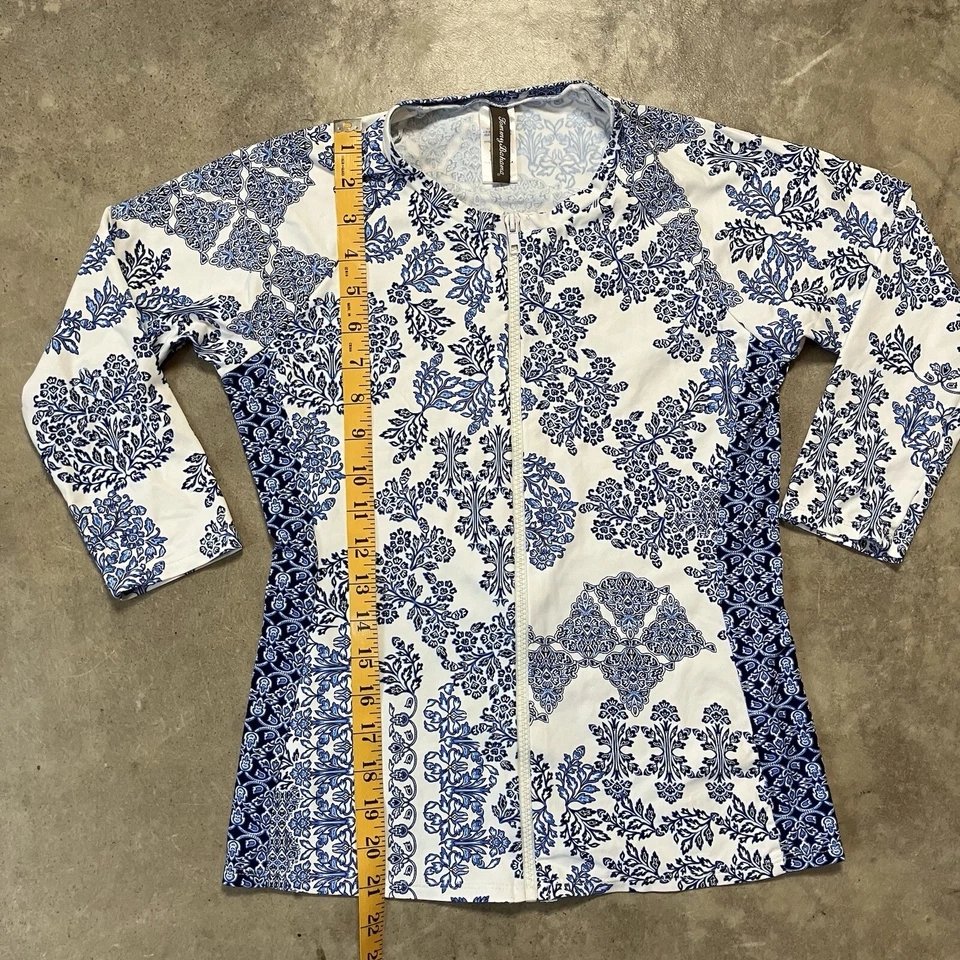 Tommy Bahama Swim Top Womens XS Full Zip Long Sleeve White Blue Floral - Image 3 of 4