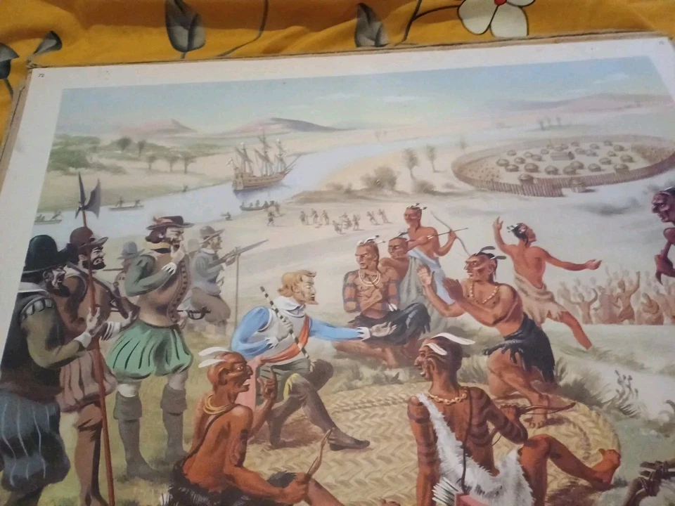  Vintage 1950s  Macmillan School Educational print poster Explorers In A Indian  - Image 4 of 4