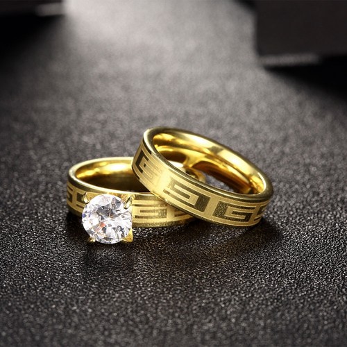 Stainless Steel Bridal Engagement Set Ring Gold Plated Zirconia Women B440 - Picture 6 of 6