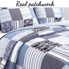 NEW COZY BLUE DENIM NAVY WHITE RED GREY PLAID STRIPE CABIN PATCHWORK QUILT SET