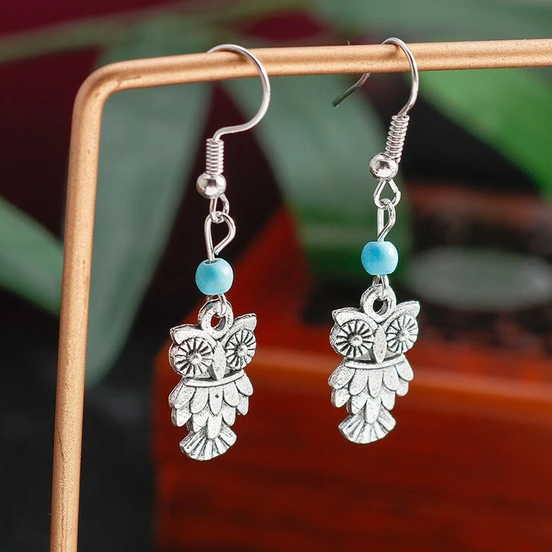 Women Bohemian Retro Earrings Ancient Silver Carved Cast Owl Birds Tassel 0561 - Image 2 of 4