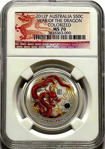 2012P Australia Silver 50C  1/2 Oz. Coin Year of Dragon Colorized (RED) NGC MS70