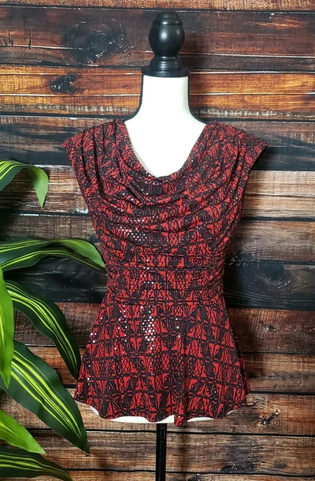 Dressbarn Collection Blouse Small Cowl Neck Sequin Embellished Top Peplum Shirt - Image 3 of 4