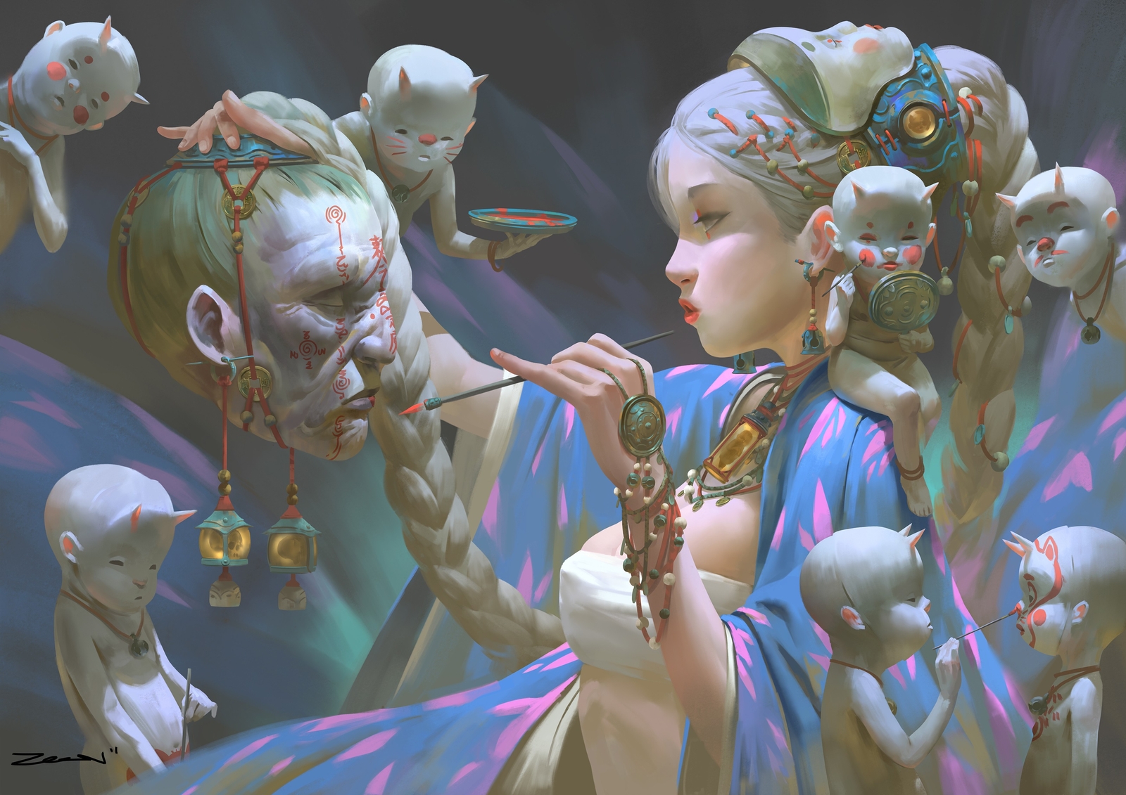 Anime creepy zeen chin digital art fantasy girl women Play Gaming Mat Desk