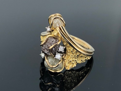Anillo único 2.2ct diamantes en bruto + brillantes minas de oro diseño pepita oro 750 - Imagen 10 de 19