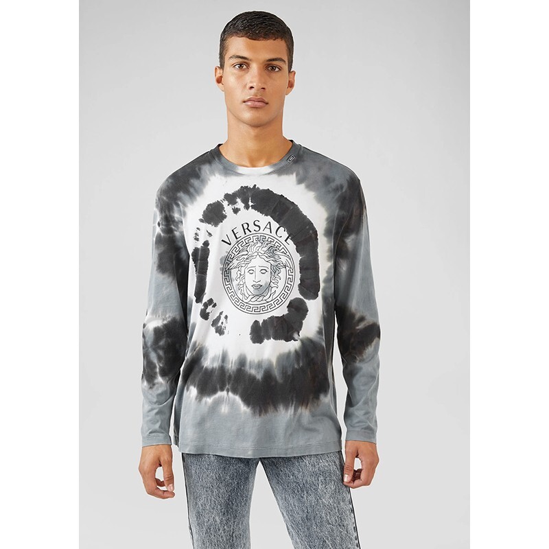 4XL NEW $795 VERSACE Gray White TIE DYE MEDUSA LOGO Long Sleeve
