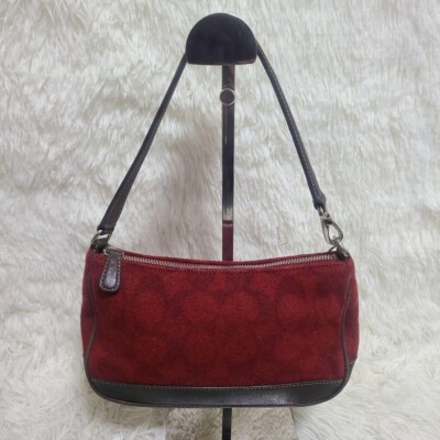 バッグ COACH Signature Accessory Pouch Red rare Coach Signature Accessory Pouch Hand Bag Wool Leather Red