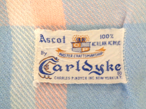 CARLDYKE ACRILAN ACRYLIC VINTAGE BABY BLANKET BLUE/PINK PLAID W/FINGE 38 X 44 - Picture 2 of 3