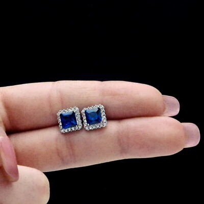 Princess Cut Simulated Sapphire Push Back Studs Earring In 14k White Gold Plated