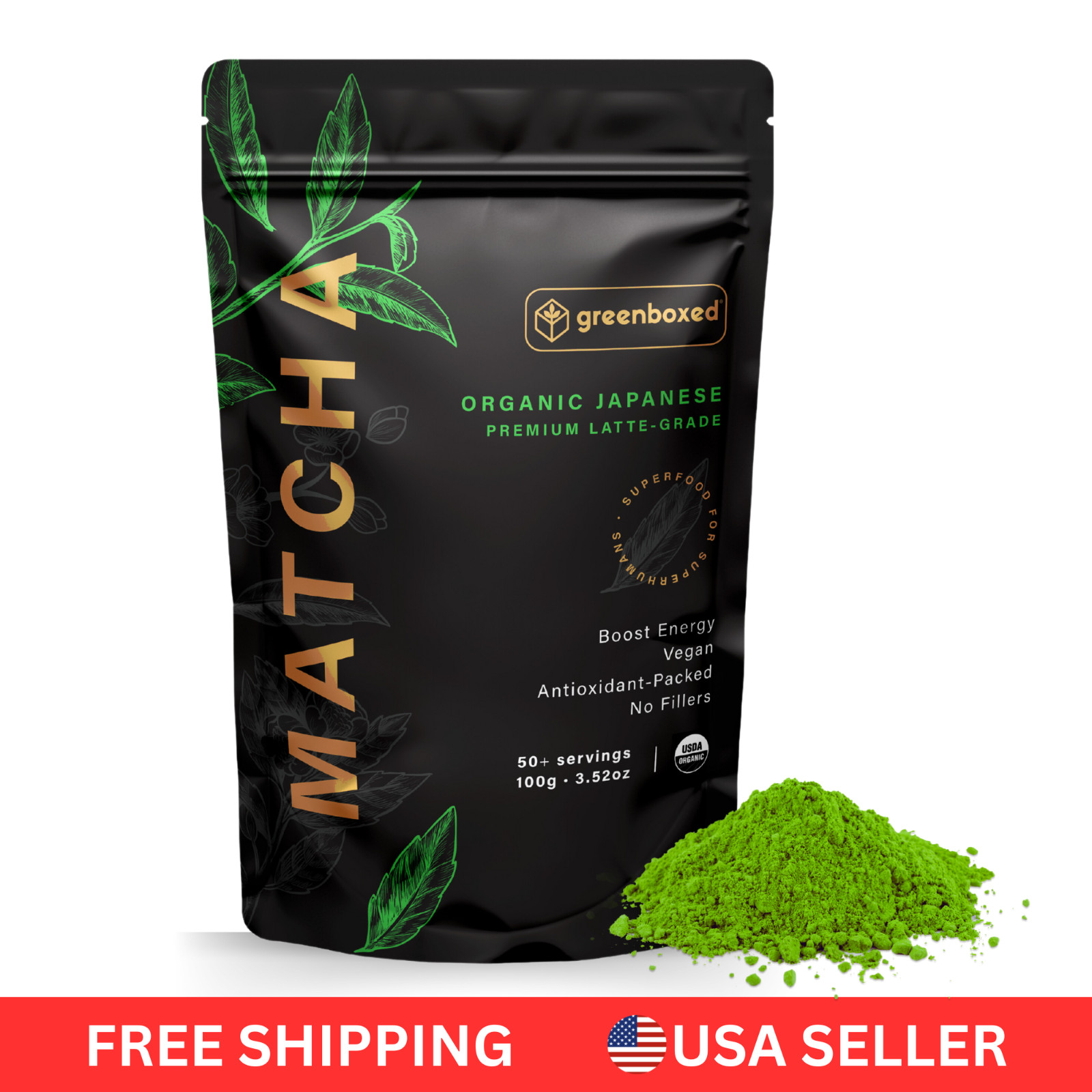 Polvo de té verde matcha en caja verde orgánico japonés PREMIUM GRADO LATTE 100 g