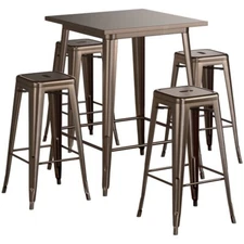 32" Square Copper Metal Restaurant Bar Table Set with 4 Backless Barstools