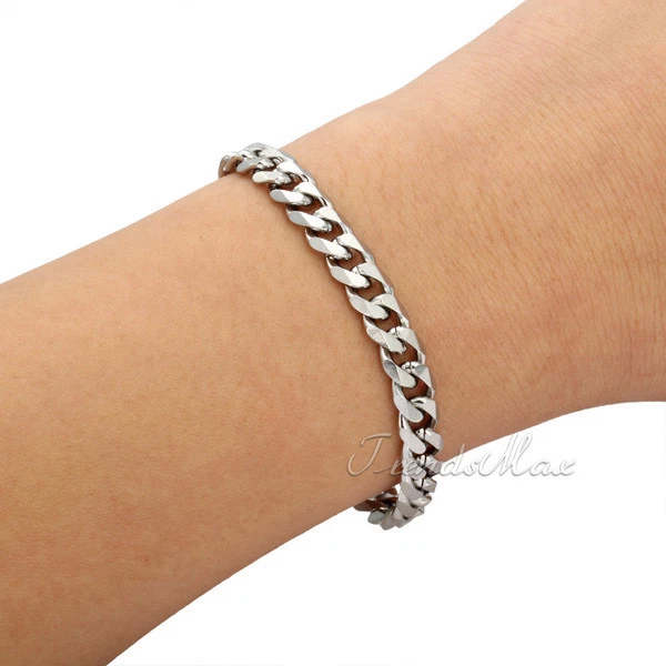Brazalete de acero inoxidable con cadena de 3/5/7/9/11 mm para hombre bordillo plateado eslabón cubano 7-11" Foto 4 de 4