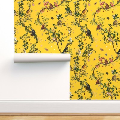 Removable Water Activated Wallpaper Yellow Monkey Chinoiserie Jungle Tree Plant Ebay