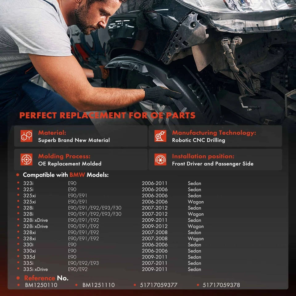 2 шт передних внутренних накладок на крыло для BMW E90 E91 E92 325i 330i 330xi 335i xDrive - Изображение 2 из 4