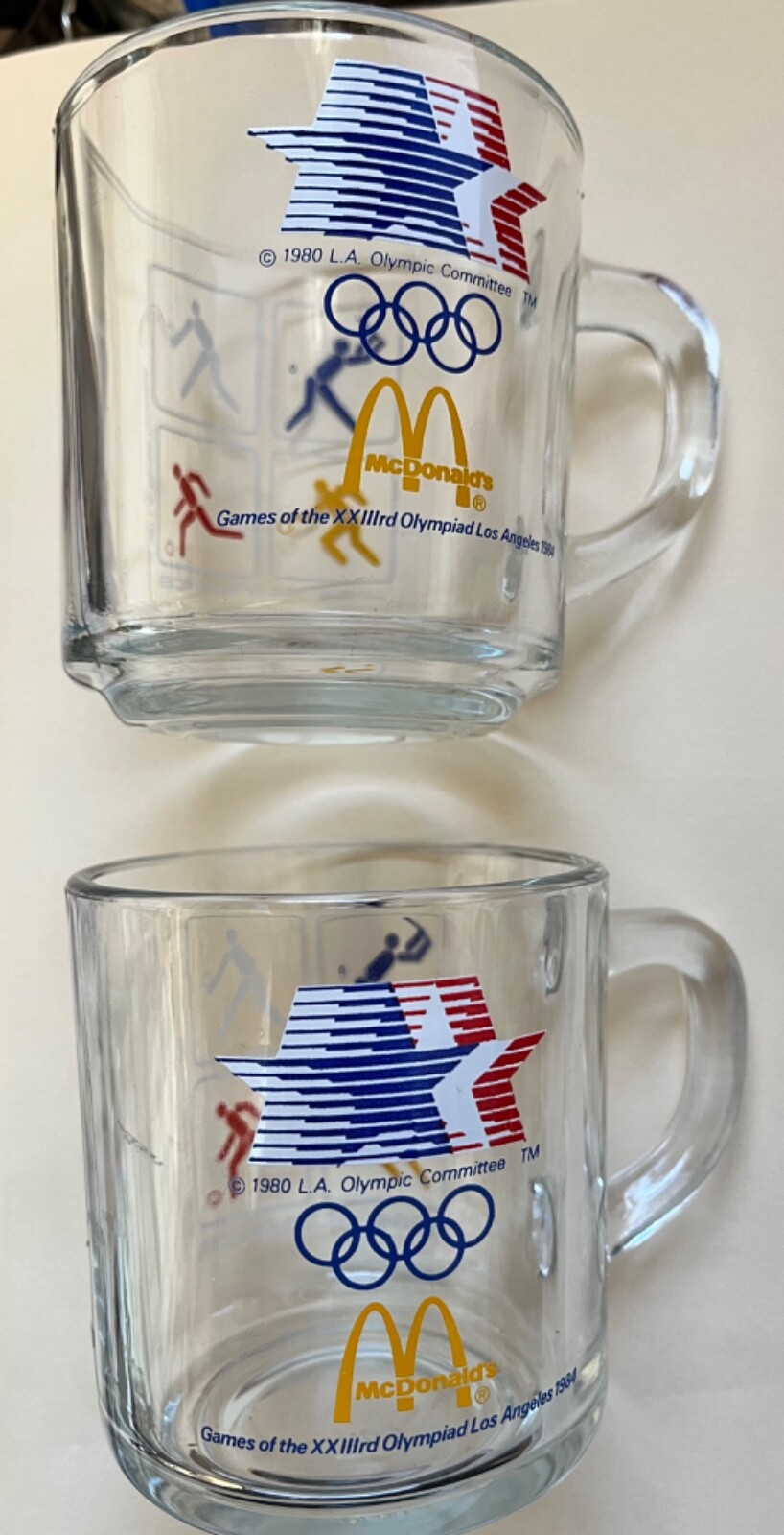 1984 Summer Olympics Los Angeles CA Glass Coffee Mug Cup McDonalds Lot Of 2